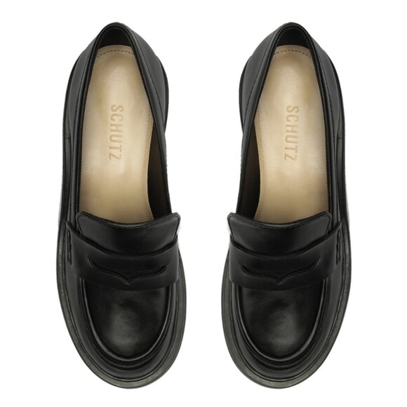 NWOB Schutz Black Leather Viola Tractor Slip-On Platform Penny Loafer Chunky Lug - Picture 4 of 14